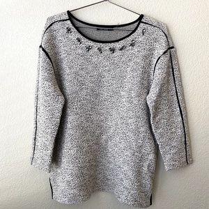 Nic & Zoe Womens Boat Neck 3/4 Sleeve Embellished neck trim Pullover Top Size M